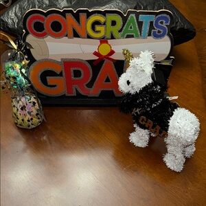 Graduation Unicorn Plush Decor and Congrats Sign and Balloon Weight